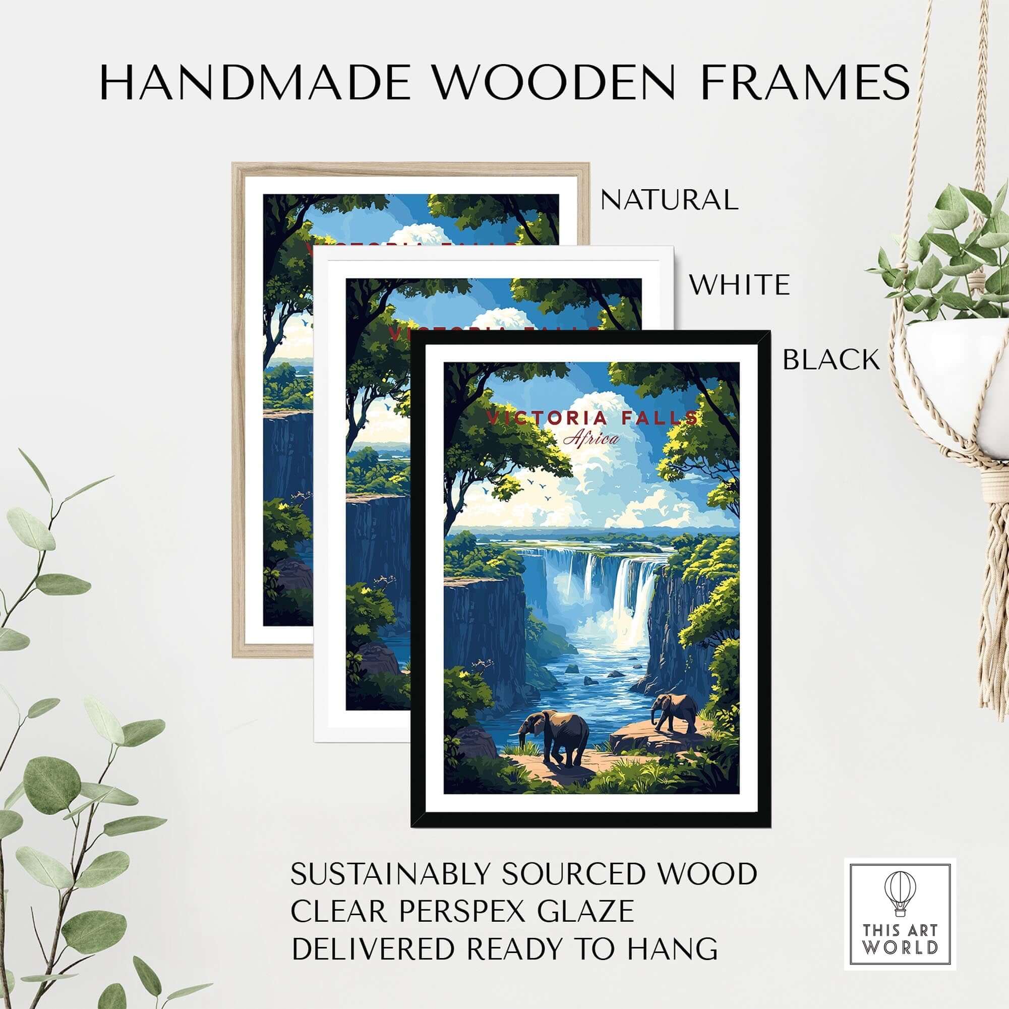 Handmade wooden frames for Victoria Falls Travel Print in natural, white, and black finishes with clear perspex glaze.