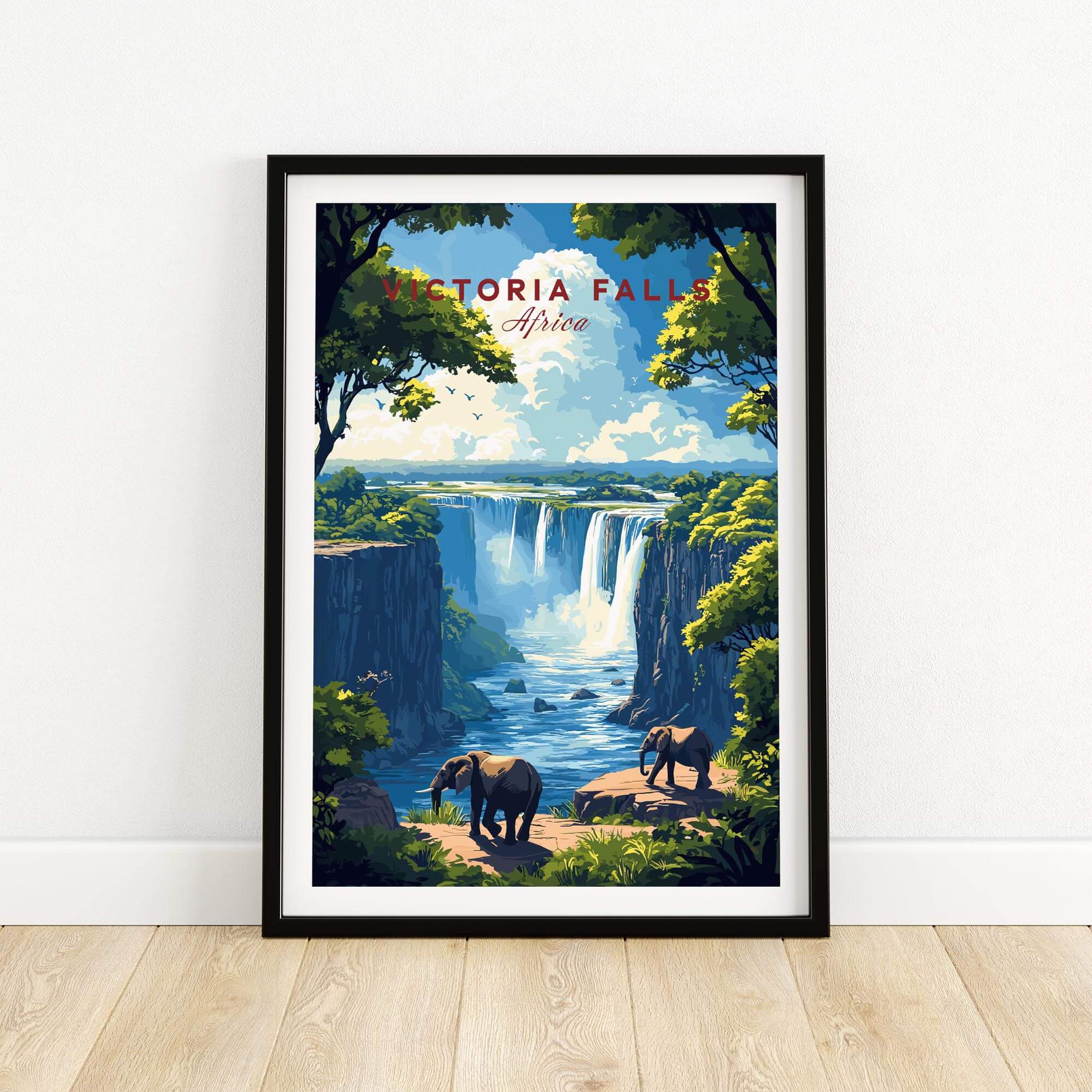 Victoria Falls Travel Print featuring elephants and scenic view of Victoria Falls in Africa.