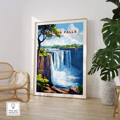 Victoria Falls Wall Art framed print showcasing the stunning beauty of Victoria Falls in a living area.