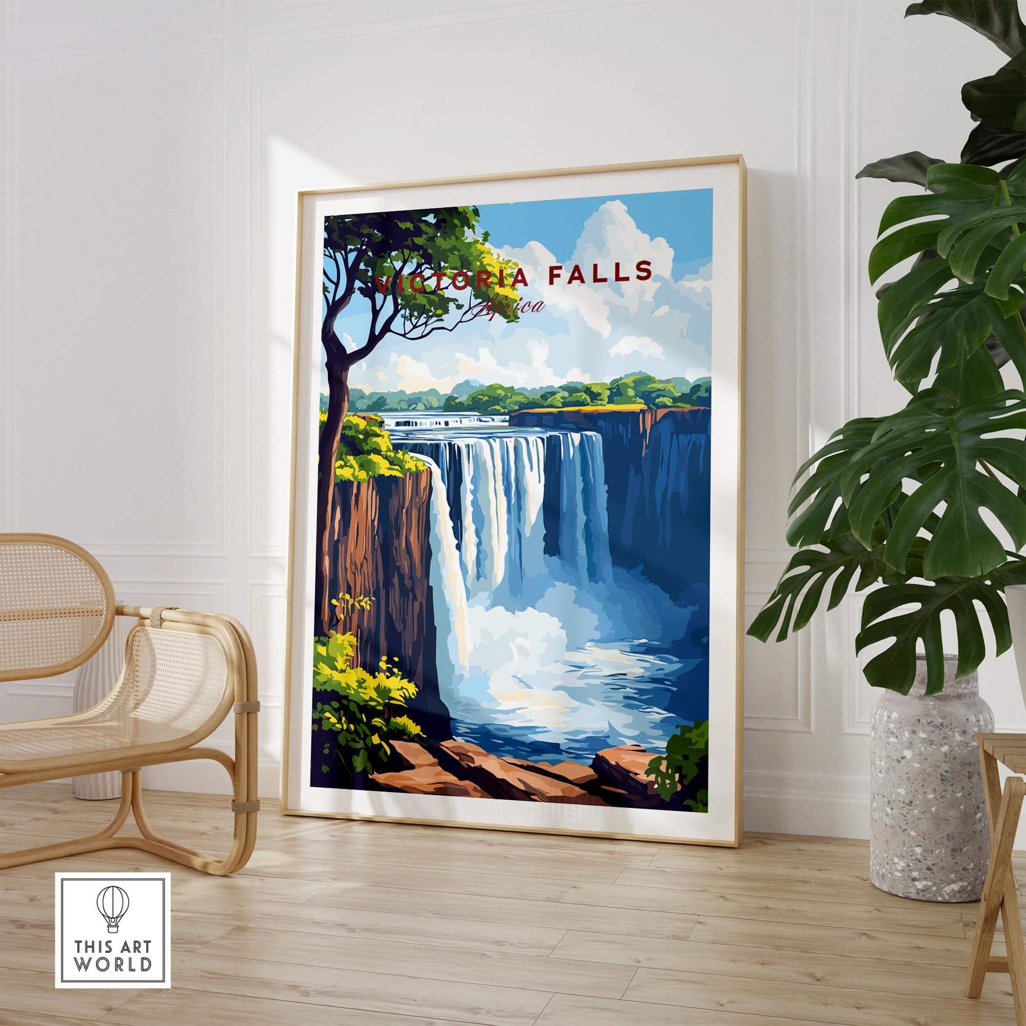Victoria Falls Wall Art framed print showcasing the stunning beauty of Victoria Falls in a living area.