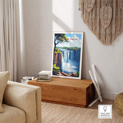 Victoria Falls Wall Art displayed in a cozy living room setting, showcasing the beauty of the iconic waterfall.