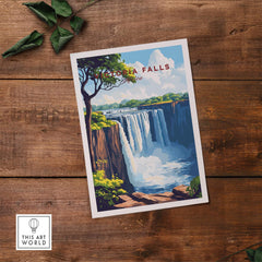 Victoria Falls Wall Art showcasing the iconic waterfall with vibrant colors and lush greenery on a rustic wooden background.