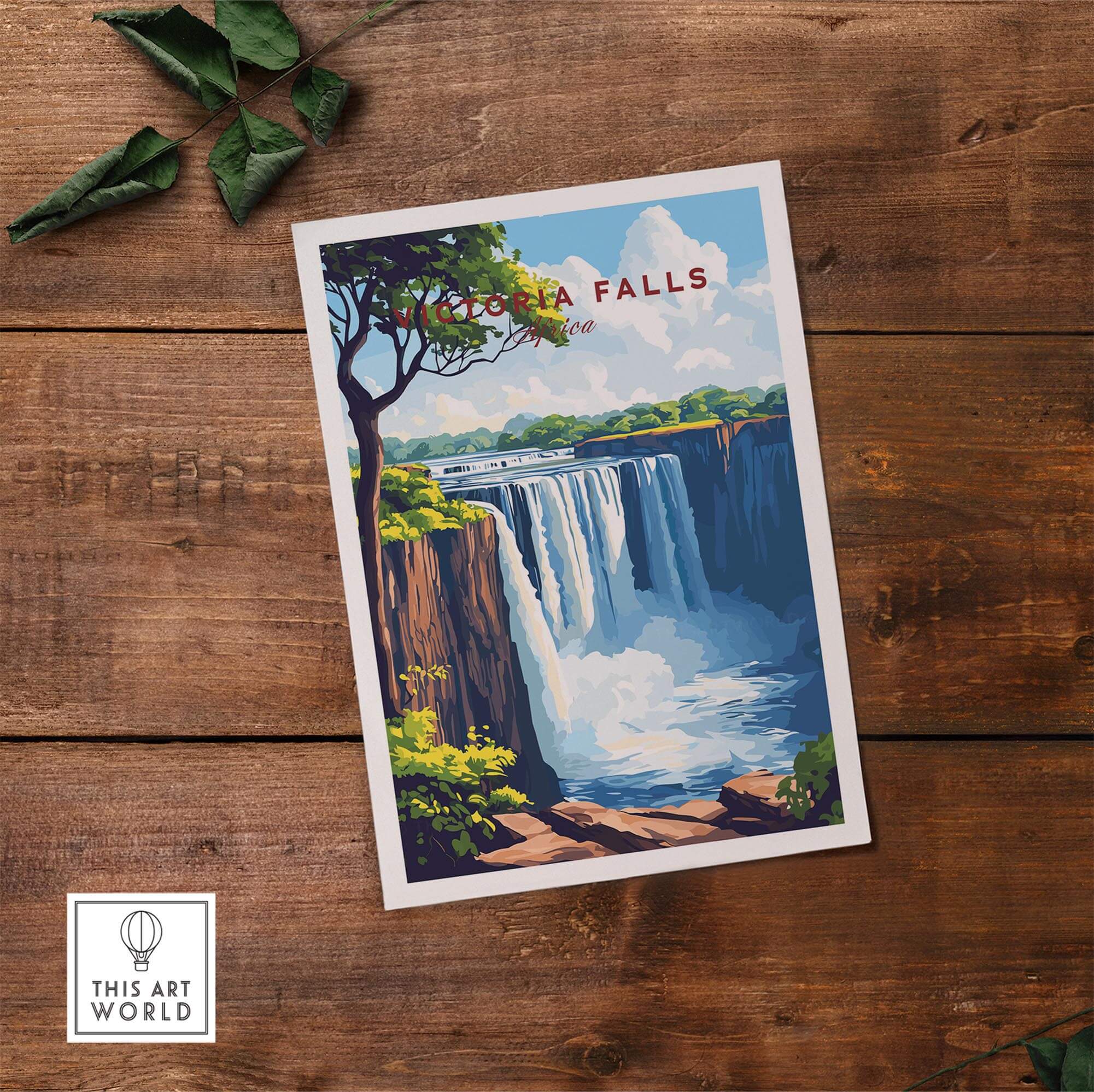 Victoria Falls Wall Art showcasing the iconic waterfall with vibrant colors and lush greenery on a rustic wooden background.