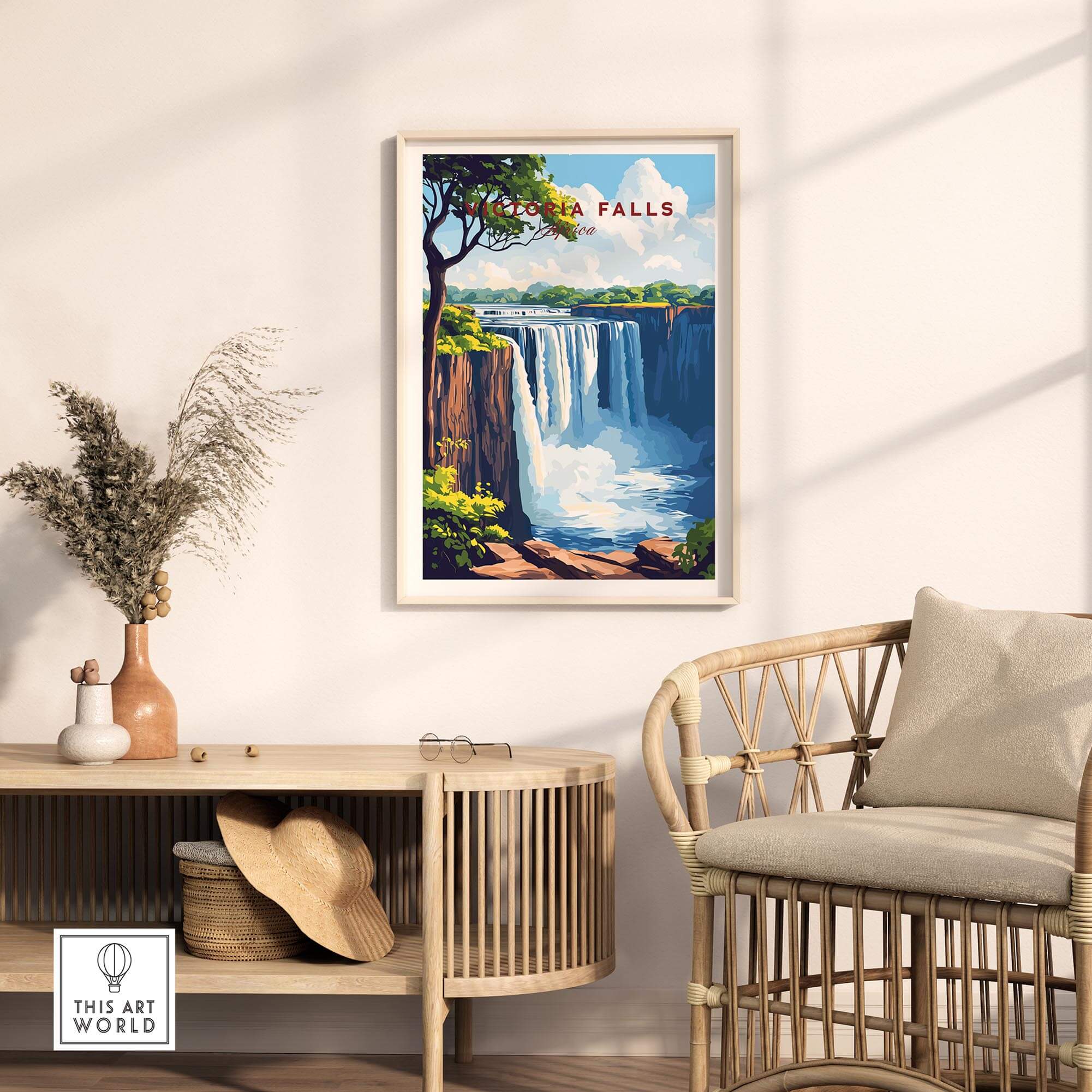 Victoria Falls Wall Art featuring a vibrant depiction of the falls in a stylish home setting.