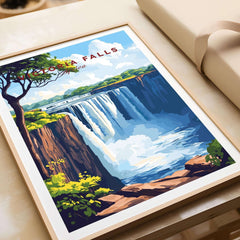 Victoria Falls Wall Art showcasing the stunning beauty of Victoria Falls in a colorful travel poster design.