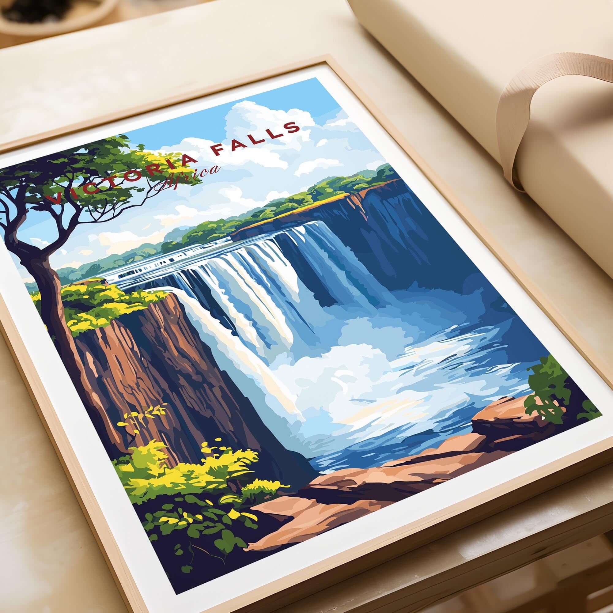 Victoria Falls Wall Art showcasing the stunning beauty of Victoria Falls in a colorful travel poster design.