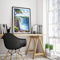A stylish workspace featuring Victoria Falls Wall Art in a framed print, showcasing the majestic waterfalls in vibrant colors.