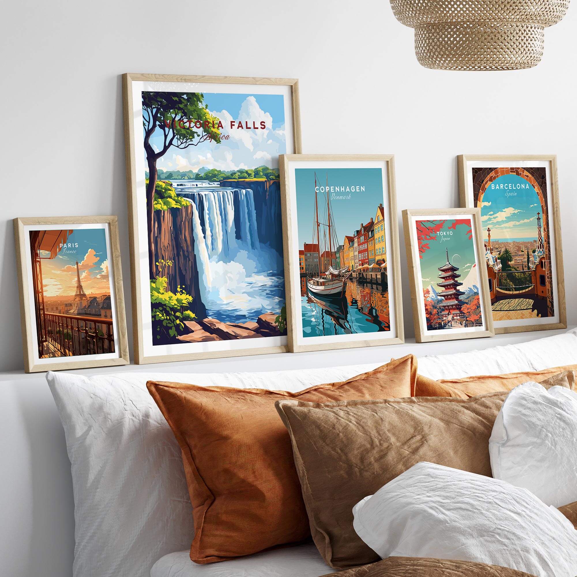 Victoria Falls Wall Art showcased among other travel posters in a stylish, modern home decor setting.