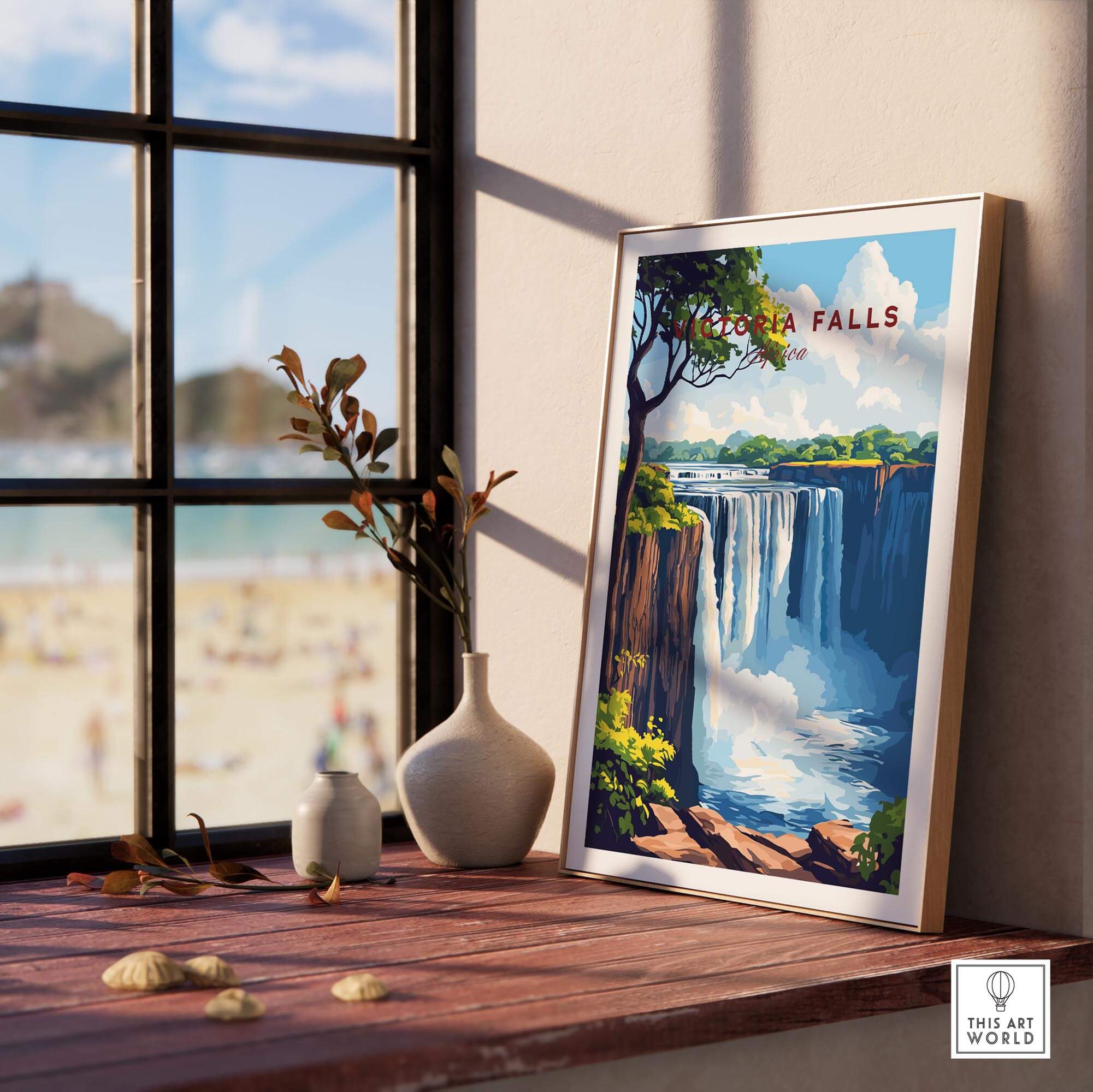 Victoria Falls Wall Art framed print displayed by a window showcasing the stunning scenery of Victoria Falls.