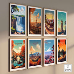 Victoria Falls Wall Art featuring breathtaking travel posters of famous cities including London, Paris, and Tokyo.