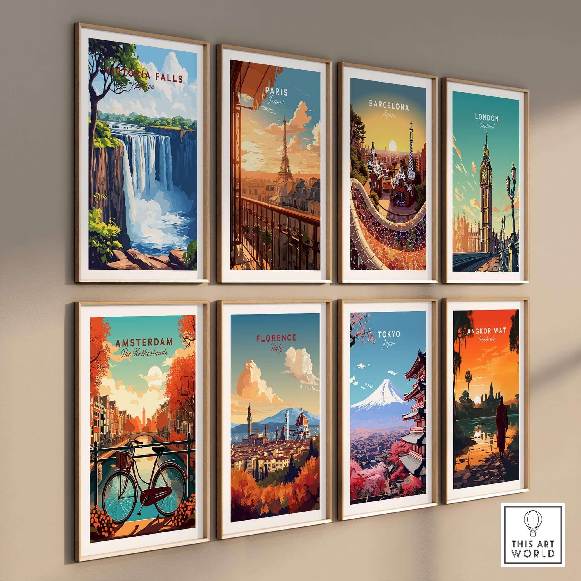 Victoria Falls Wall Art featuring breathtaking travel posters of famous cities including London, Paris, and Tokyo.