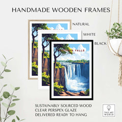 Victoria Falls Wall Art in handmade wooden frames, showcasing natural, white, and black options with vibrant scenery.