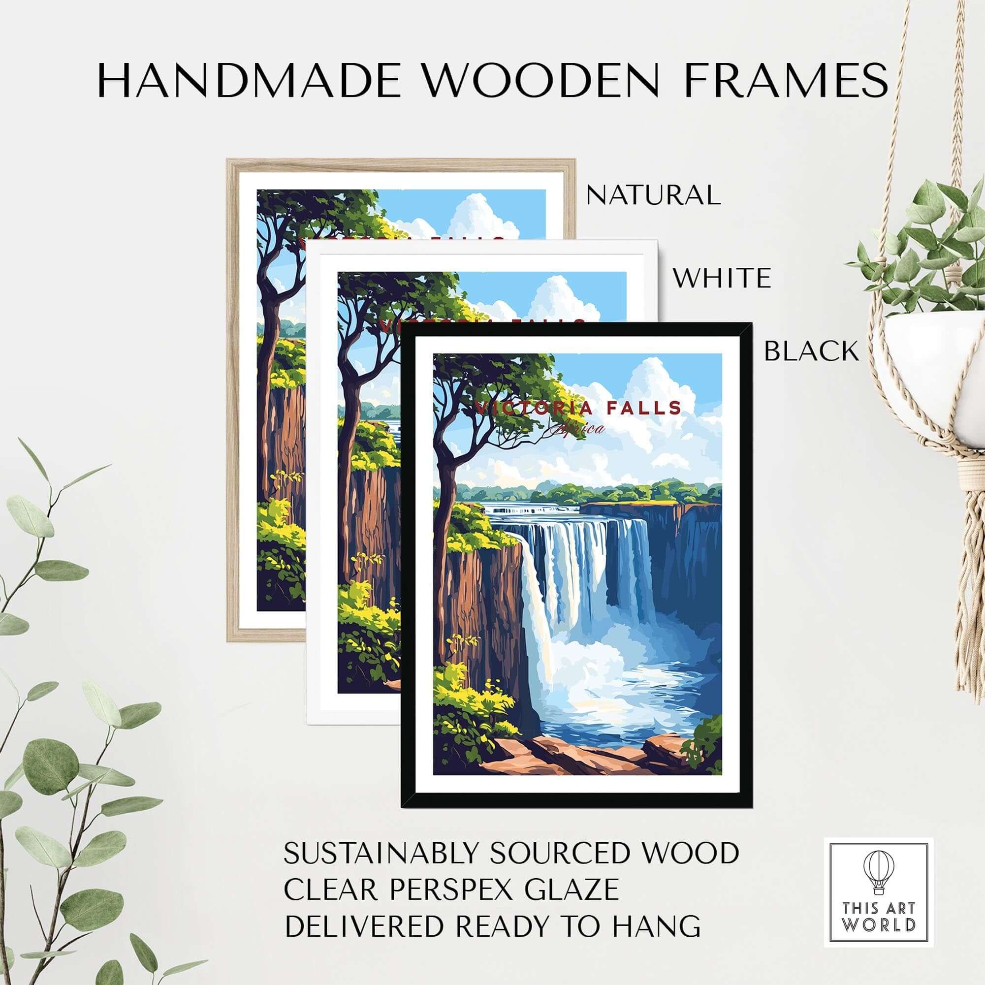 Victoria Falls Wall Art in handmade wooden frames, showcasing natural, white, and black options with vibrant scenery.