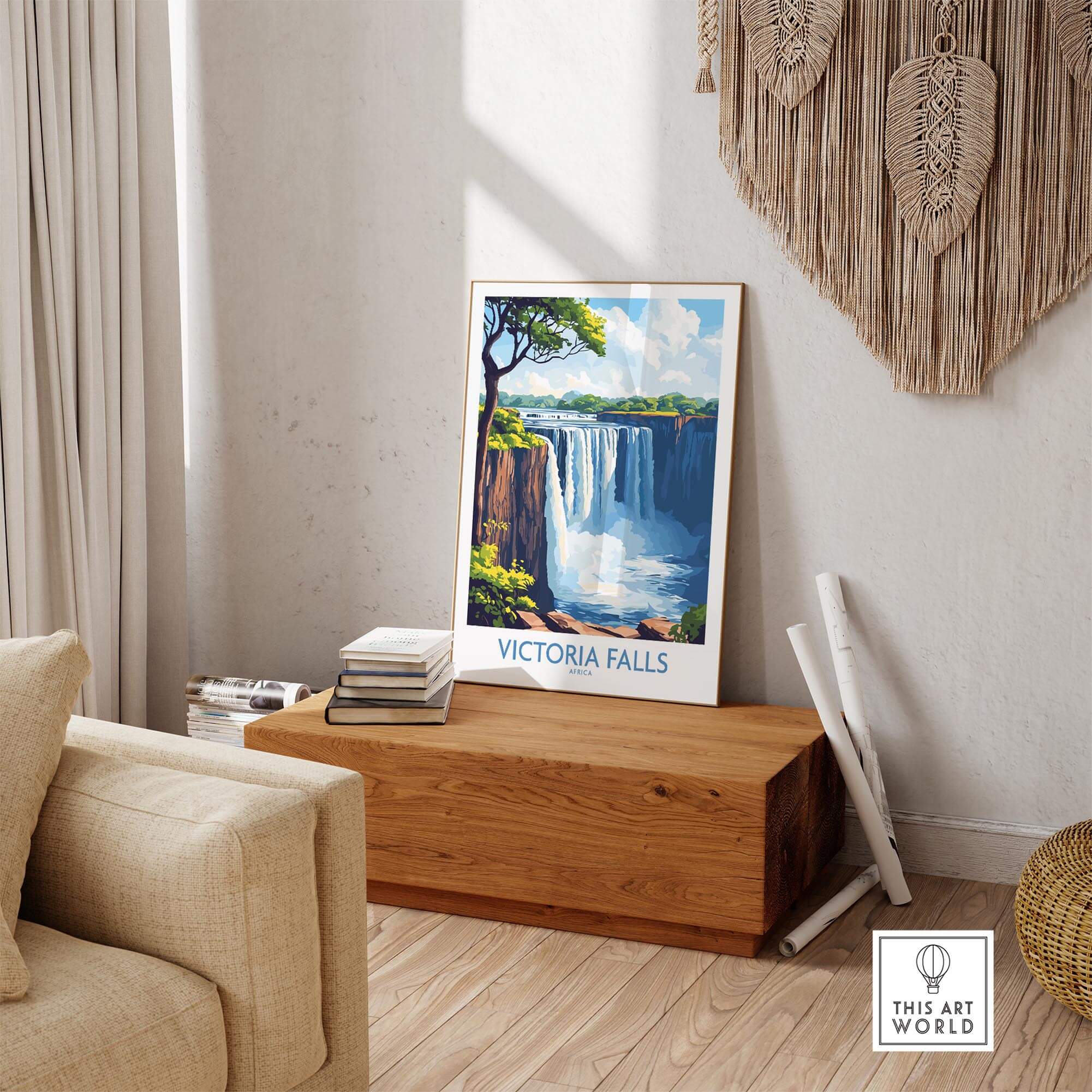 Victoria Falls Wall Art Poster showcasing the majestic falls in a stylish room setting, perfect for nature lovers.