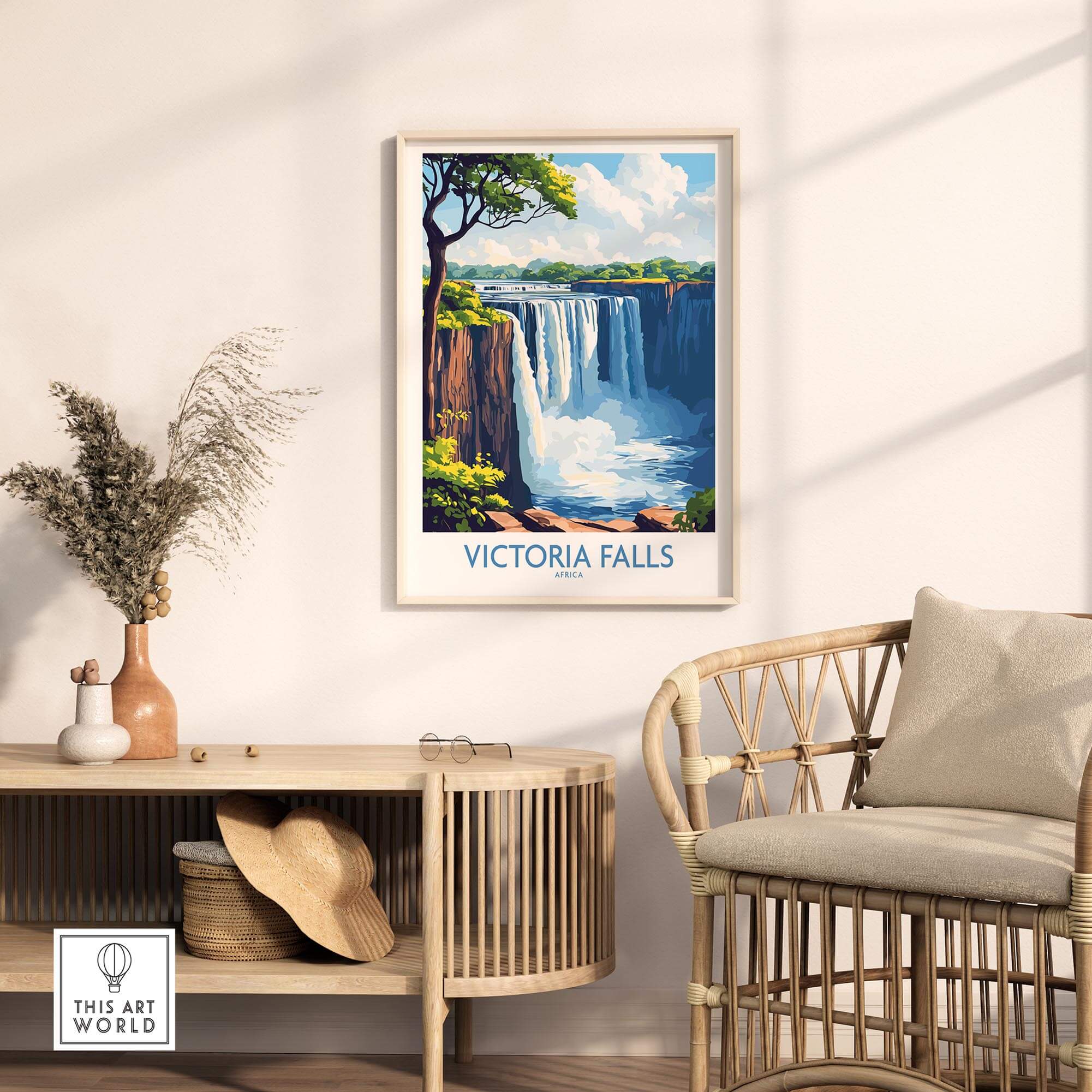 Victoria Falls Wall Art Poster displayed in a stylish living room with natural decor and furniture.