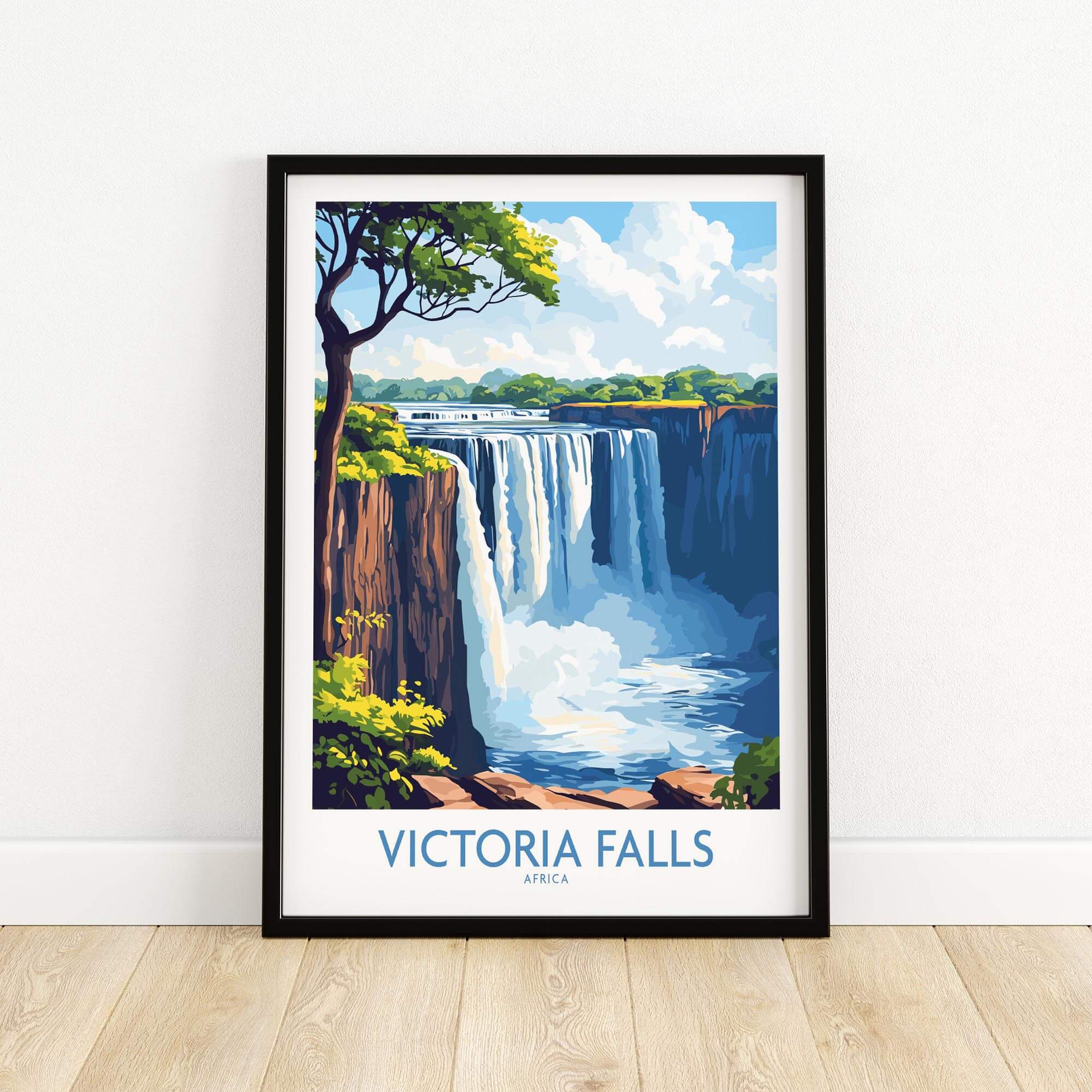 Victoria Falls Wall Art Poster featuring a vibrant illustration of the majestic waterfalls in Africa.