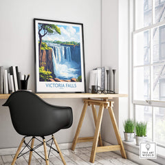 Victoria Falls Wall Art Poster displayed in a modern workspace, showcasing the beauty of Victoria Falls.