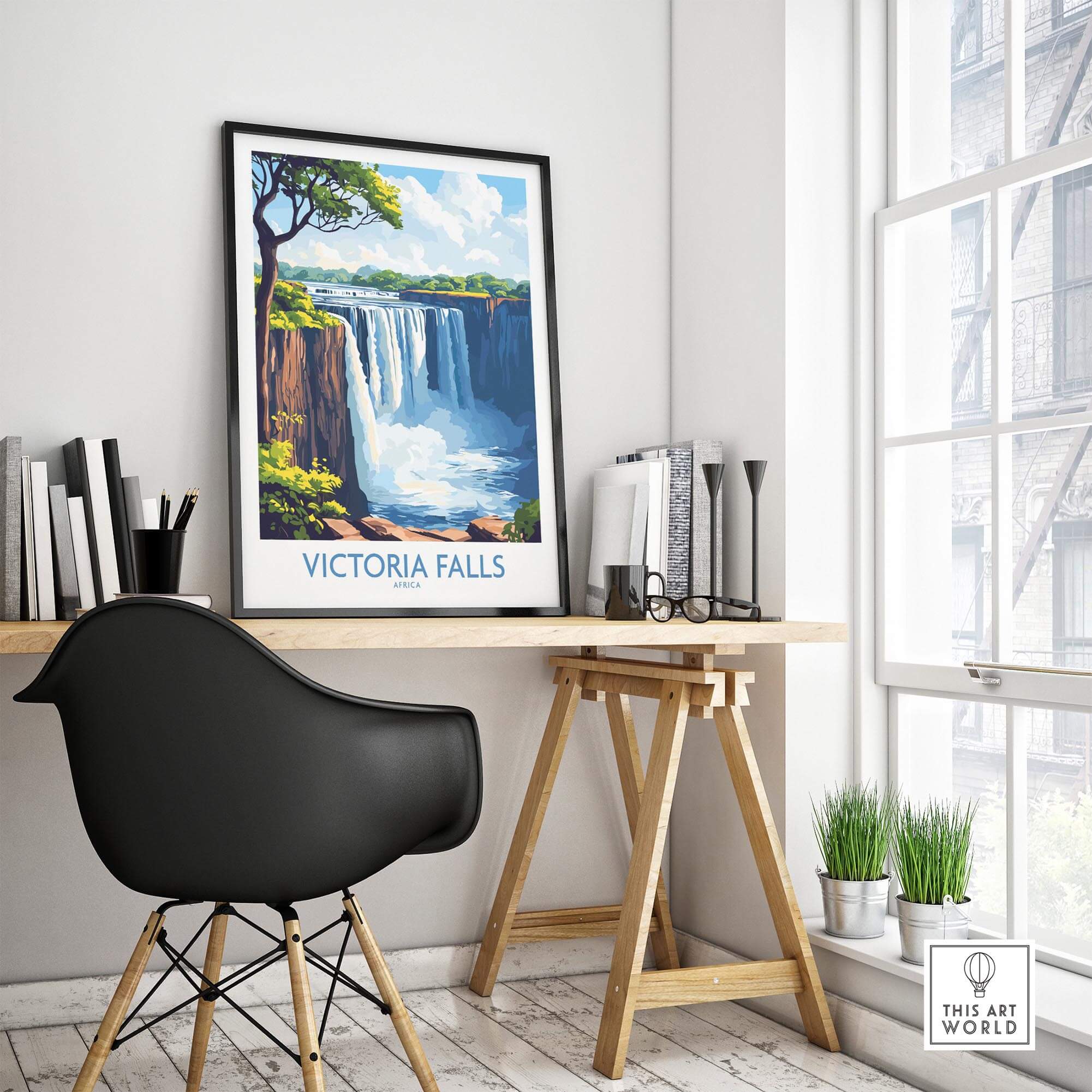 Victoria Falls Wall Art Poster displayed in a modern workspace, showcasing the beauty of Victoria Falls.