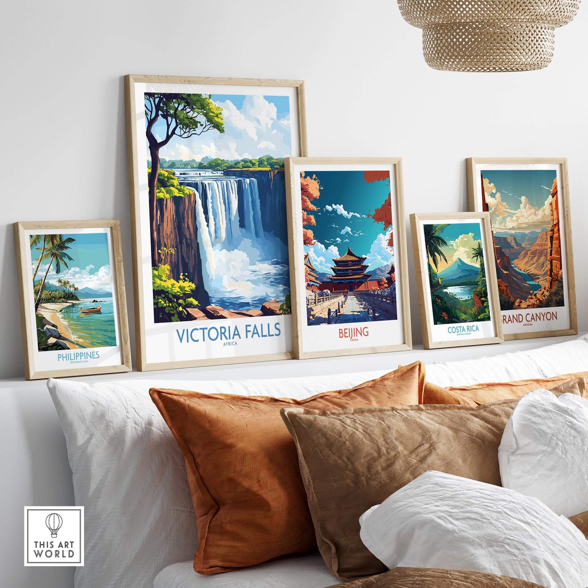 Victoria Falls Wall Art Poster displayed among other travel-themed wall art on a stylish shelf.