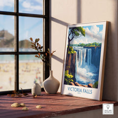 Victoria Falls Wall Art Poster displayed on a table near a window, showcasing the beauty of Victoria Falls in a vibrant design.