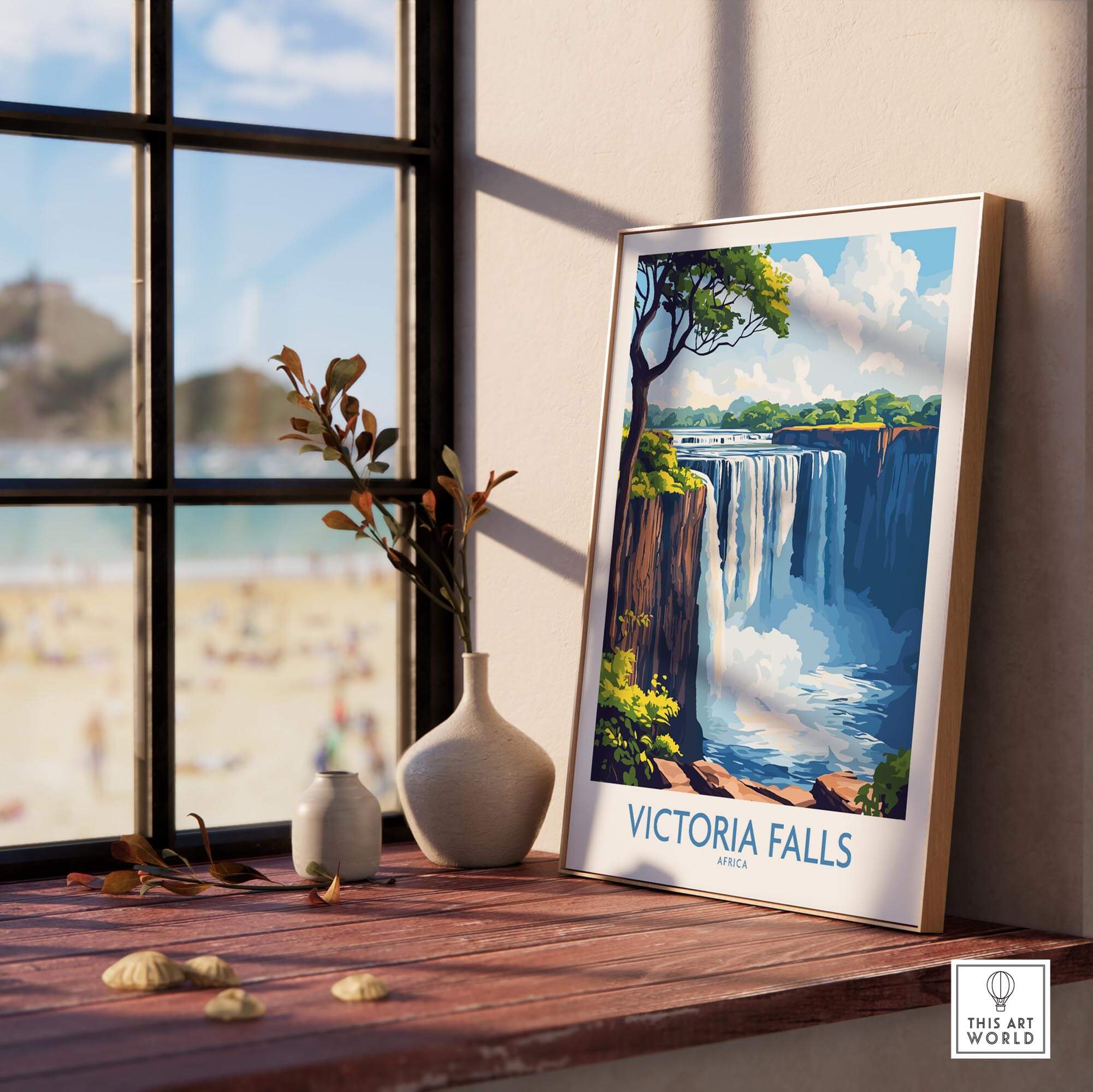 Victoria Falls Wall Art Poster displayed on a table near a window, showcasing the beauty of Victoria Falls in a vibrant design.