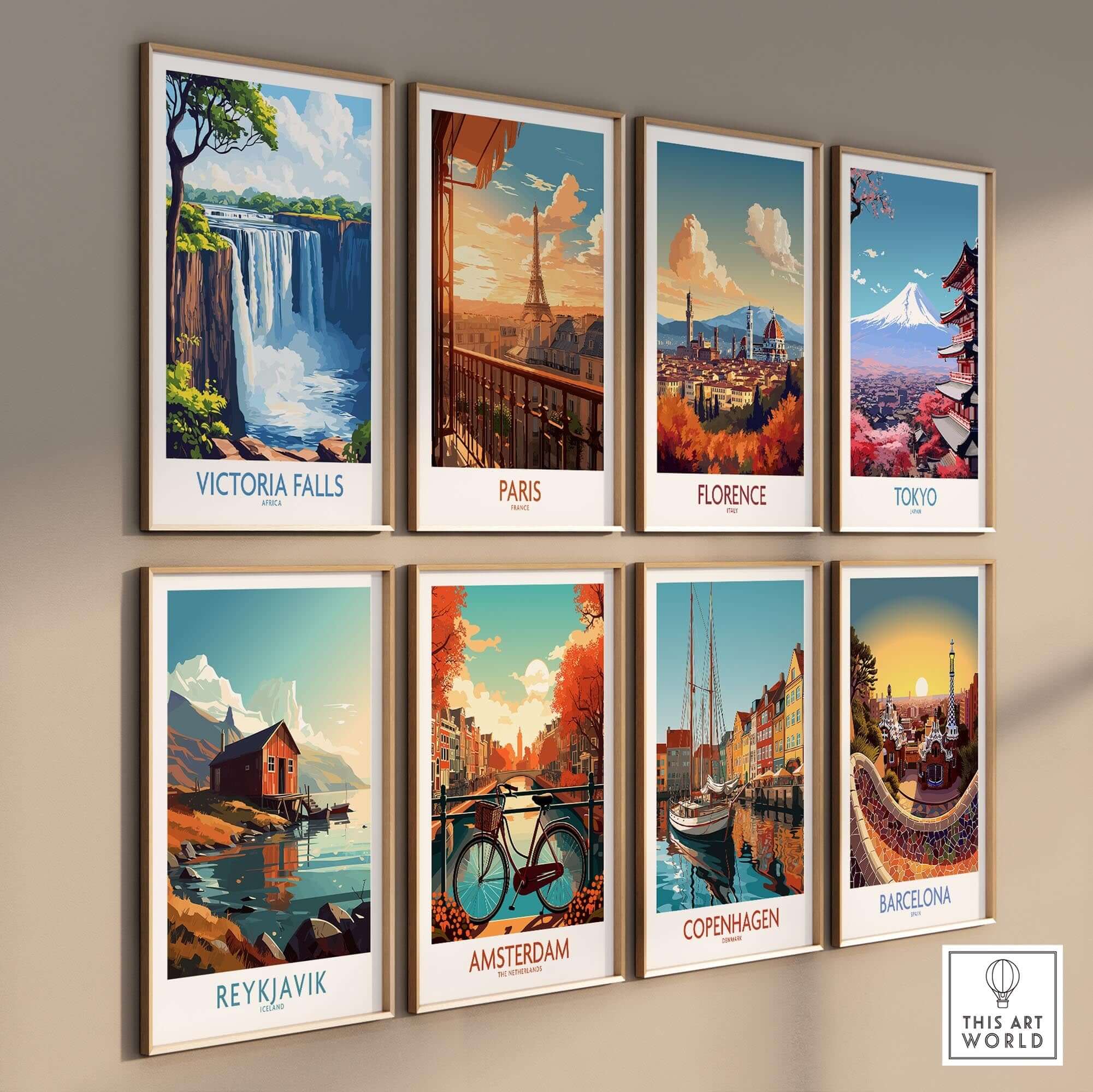 Victoria Falls Wall Art Poster displayed among other iconic city posters, showcasing global travel destinations.