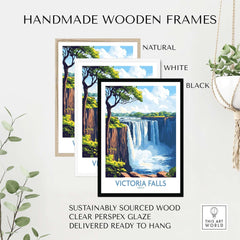 Victoria Falls Wall Art Poster displayed in handmade wooden frames in natural, white, and black colors.