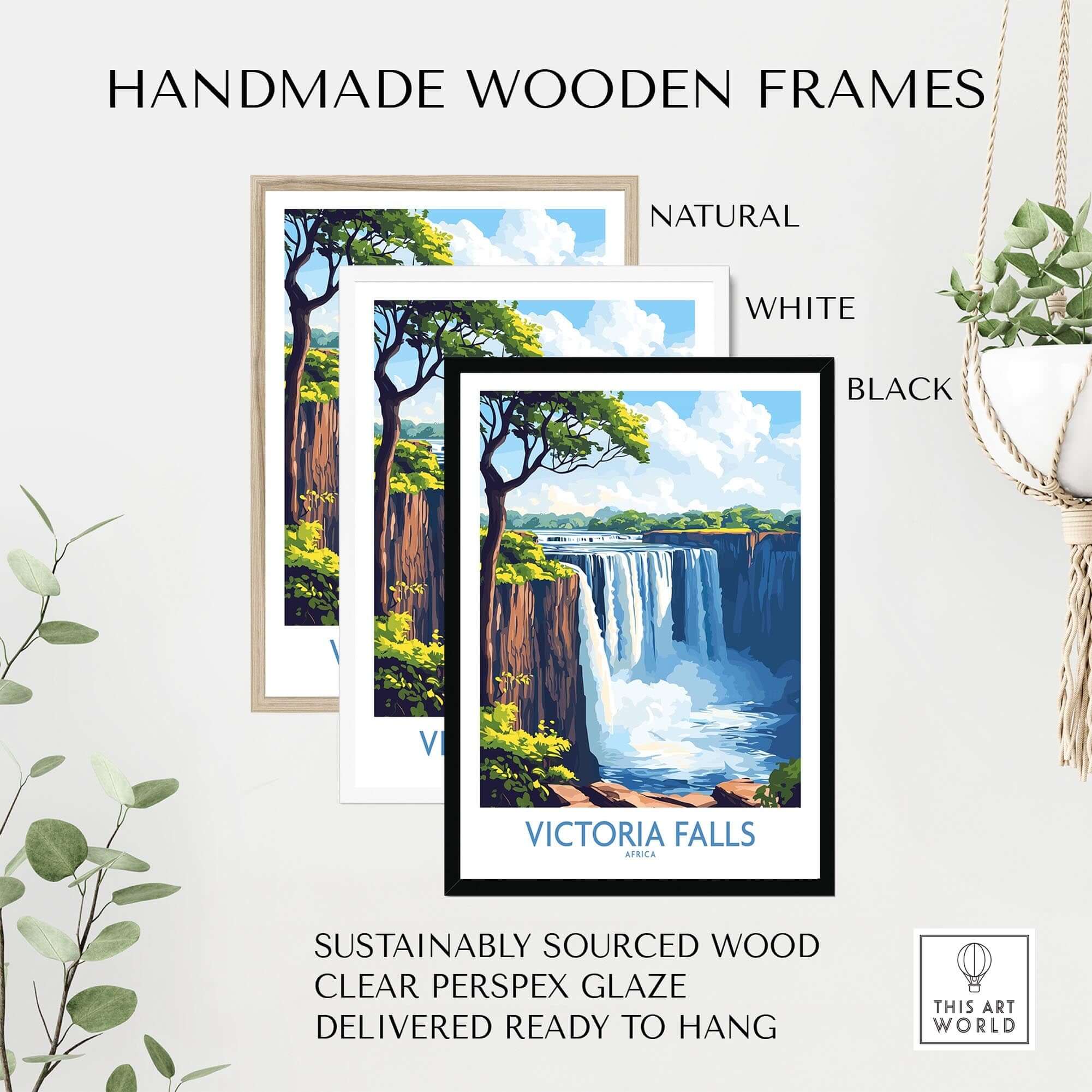 Victoria Falls Wall Art Poster displayed in handmade wooden frames in natural, white, and black colors.