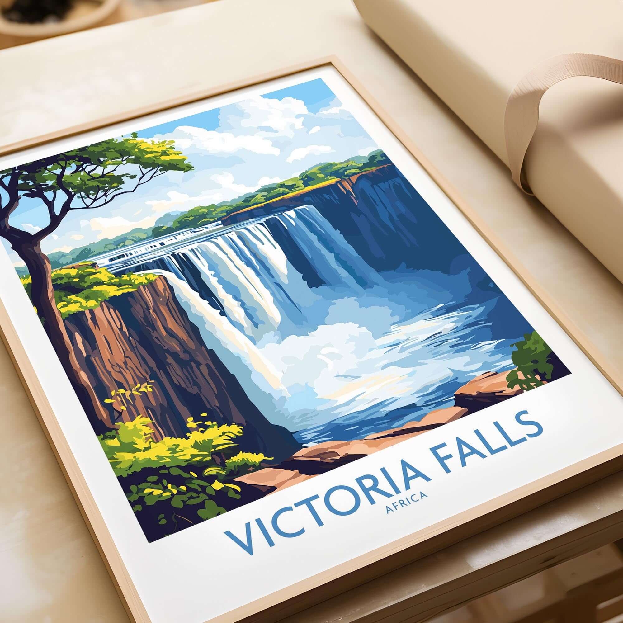 Victoria Falls Wall Art Poster showcasing a vibrant illustration of Victoria Falls in Africa, perfect for nature lovers.