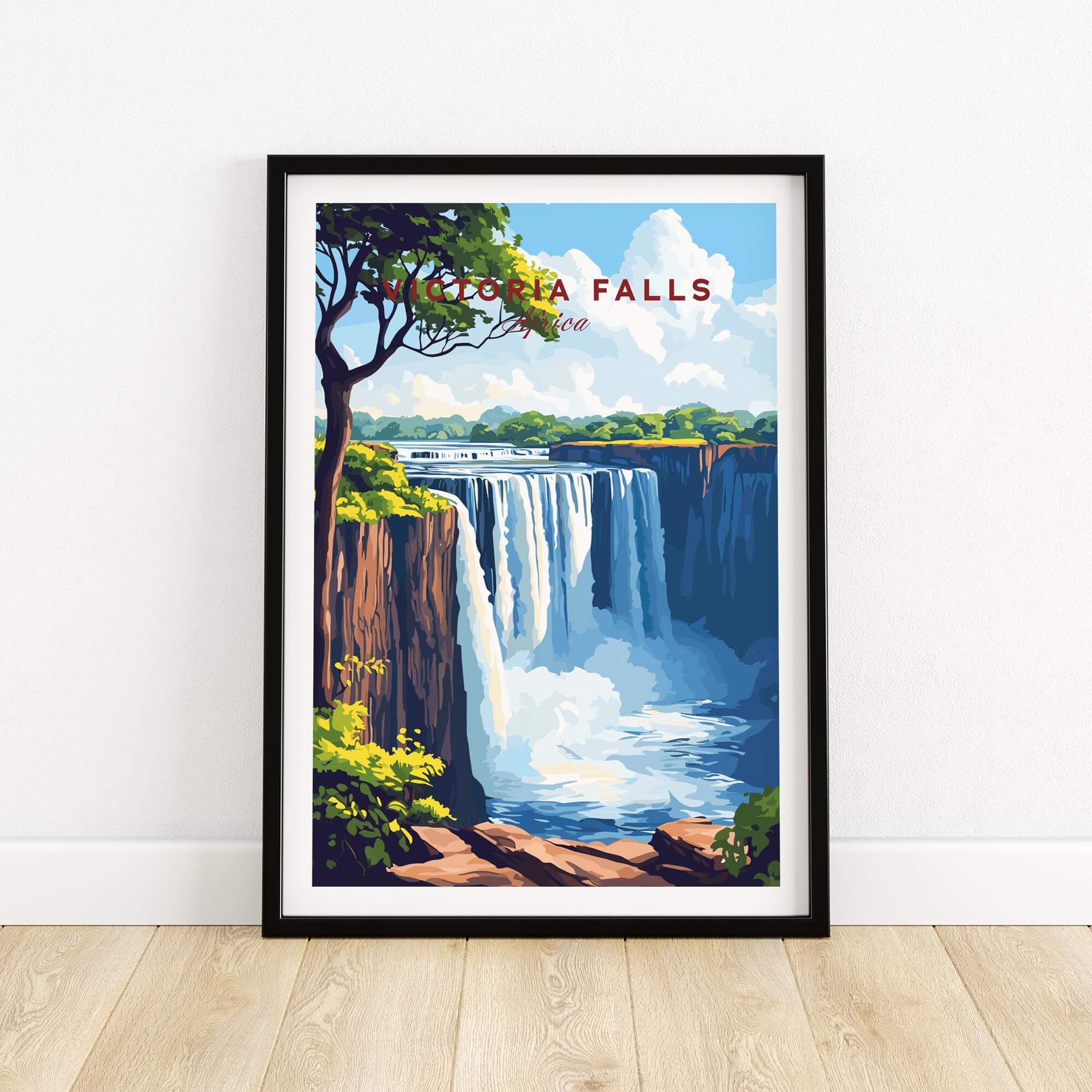 Victoria Falls Wall Art in a colorful poster showcasing the majestic waterfall surrounded by lush greenery.