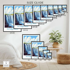 Size guide for Victoria Falls Zambia Print showcasing various frame sizes and an artistic representation of the falls.