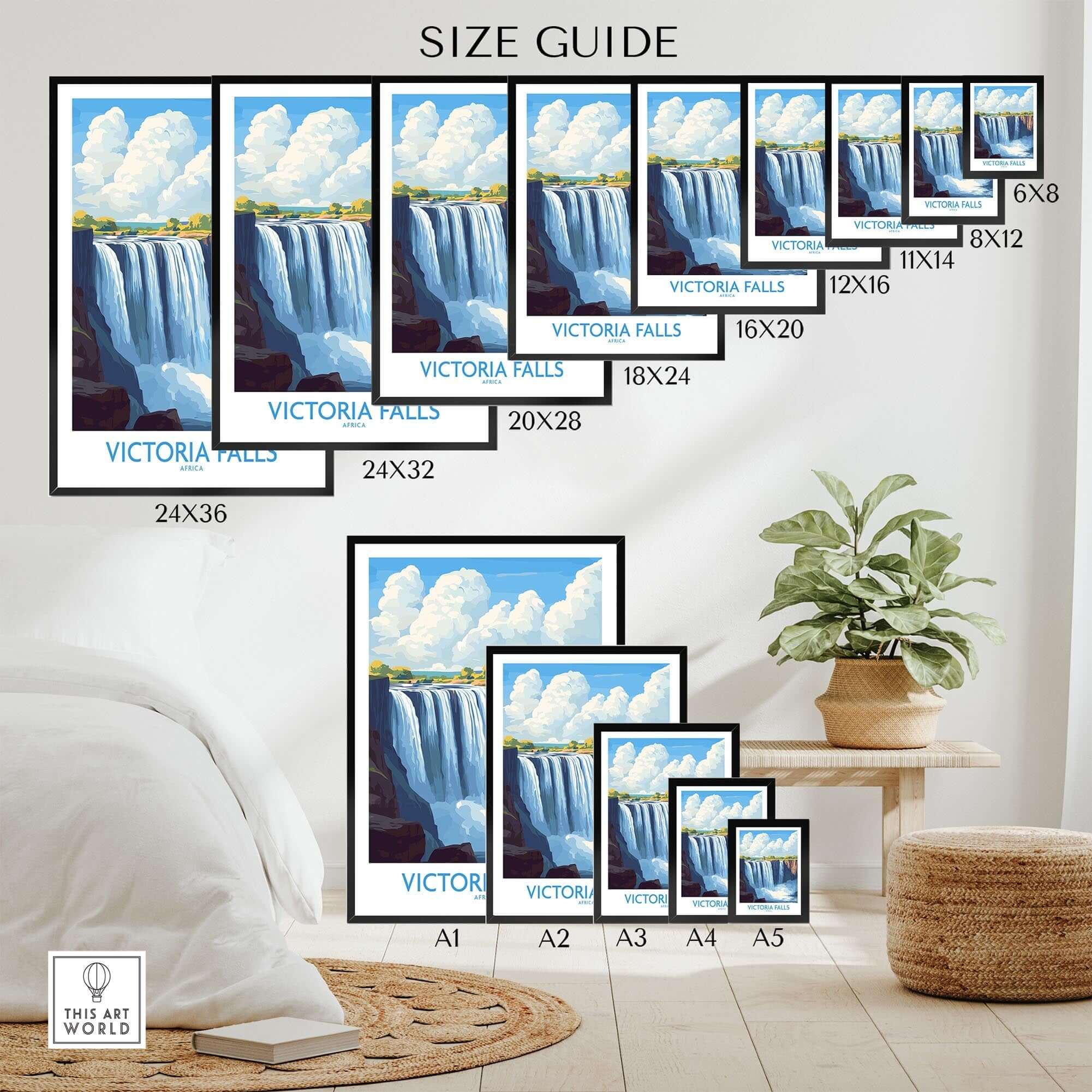 Size guide for Victoria Falls Zambia Print showcasing various frame sizes and an artistic representation of the falls.
