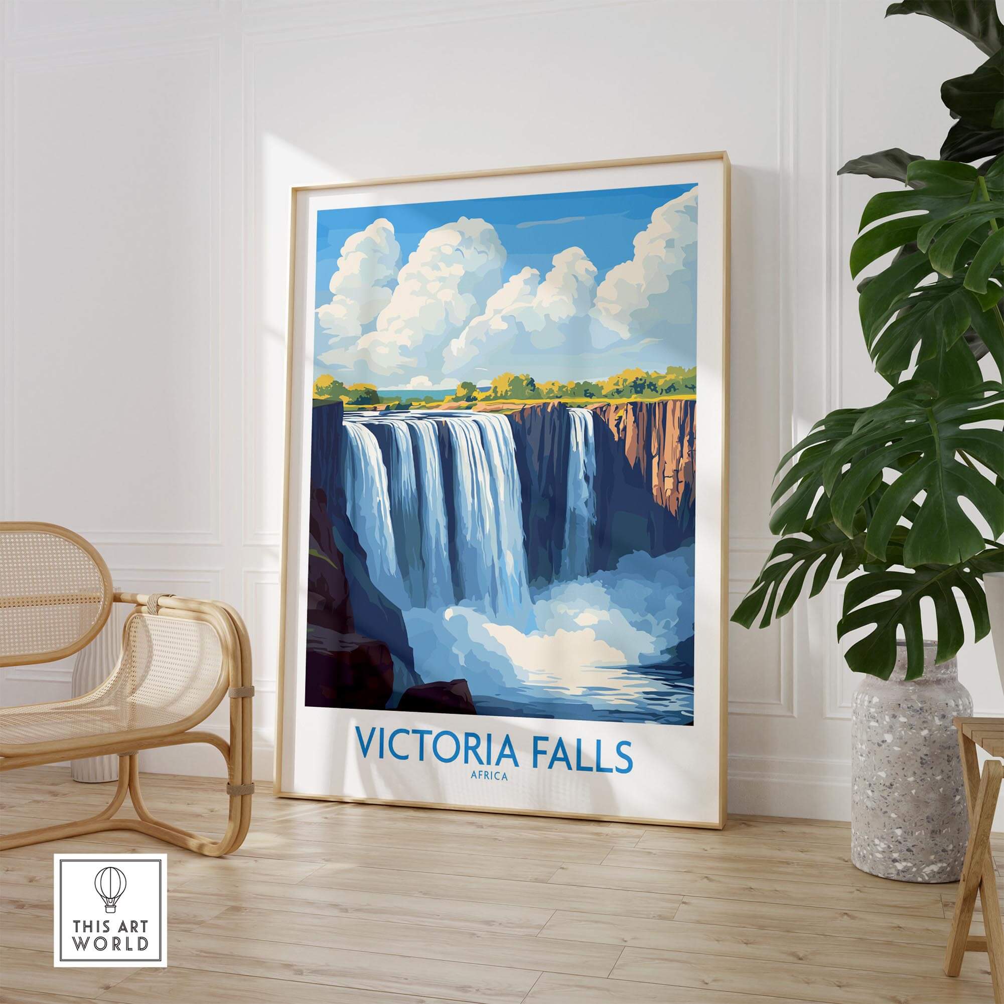 Victoria Falls Zambia Print showcasing the majestic waterfall, perfect for home or office decor.