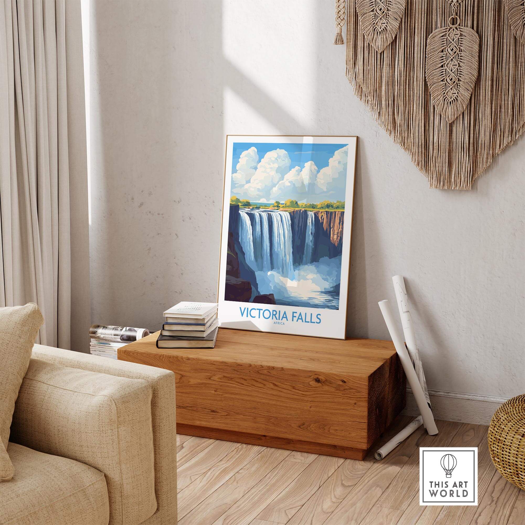 Victoria Falls Zambia Print displayed in a stylish living room, showcasing the beauty of African landscapes.