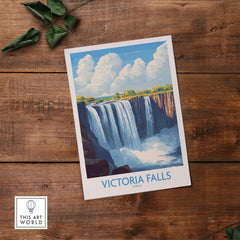 Victoria Falls Zambia Print showcasing the majestic waterfall surrounded by lush nature and vibrant blue skies.