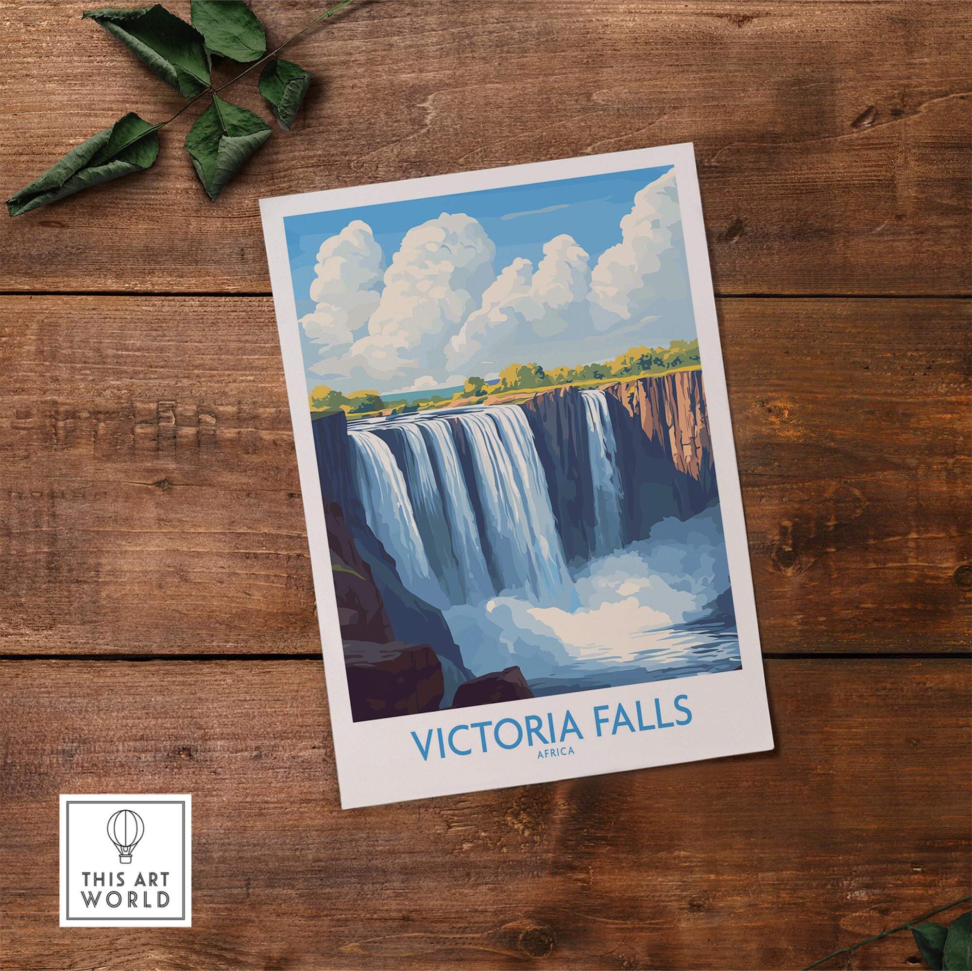 Victoria Falls Zambia Print showcasing the majestic waterfall surrounded by lush nature and vibrant blue skies.
