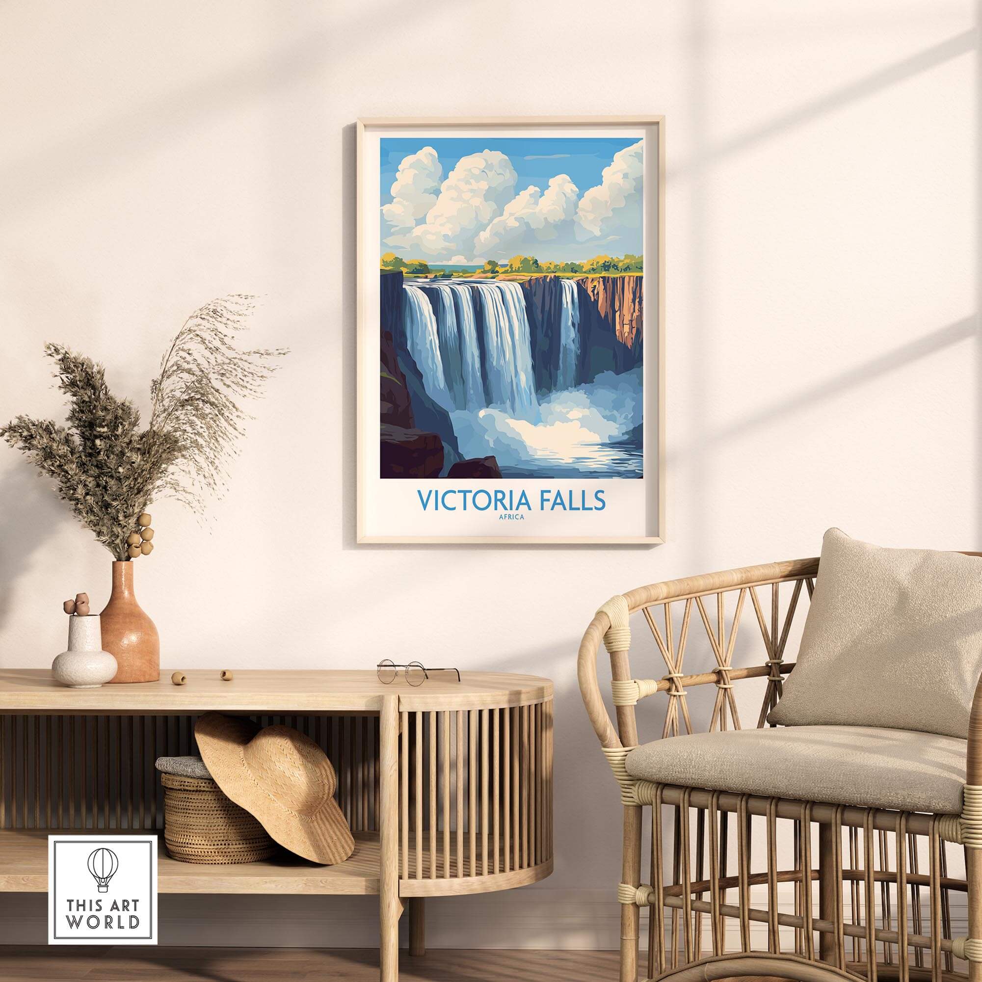 Victoria Falls Zambia Print displayed in a modern living room setting, showcasing breathtaking beauty and adventure.