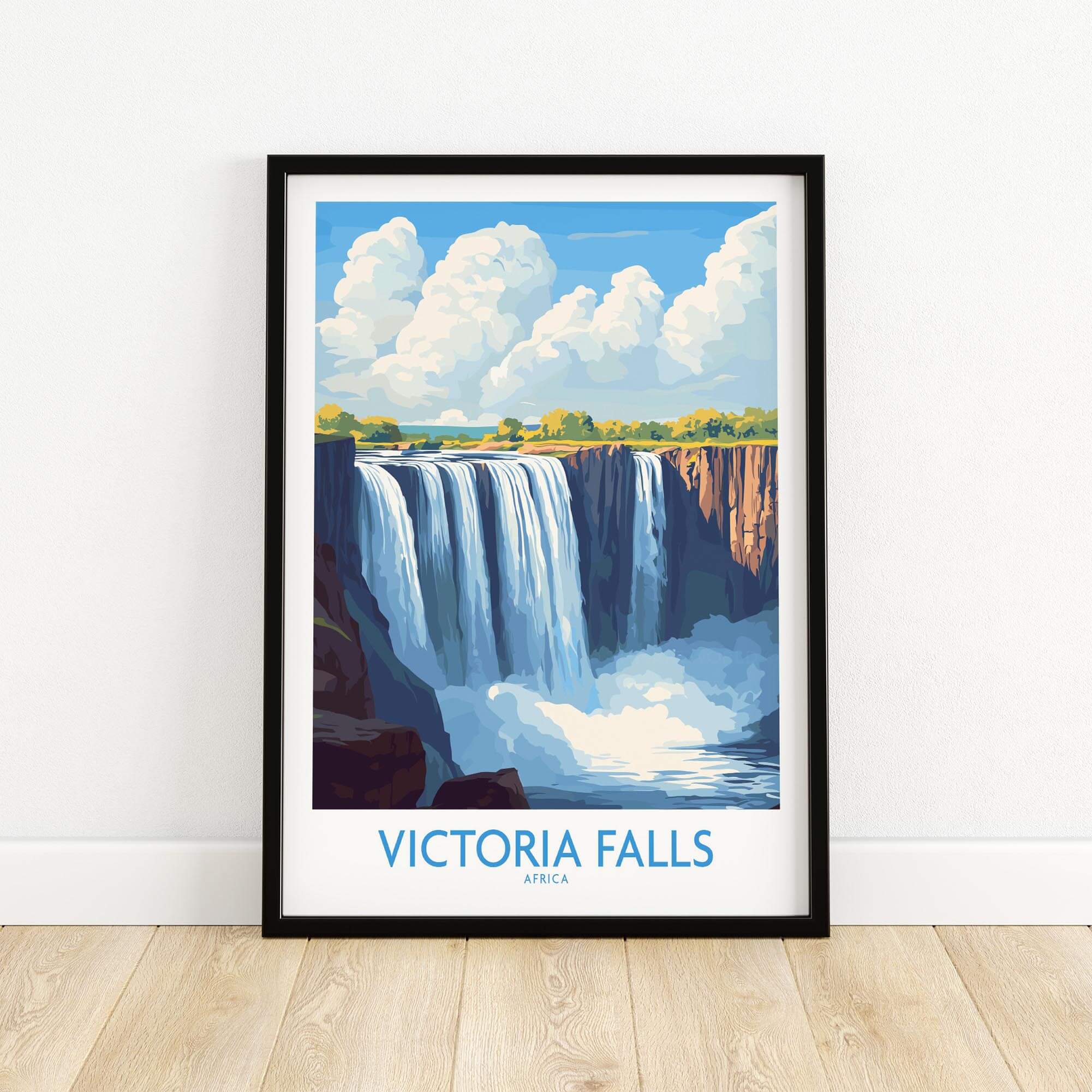 Victoria Falls Zambia Print in a colorful framed art piece showcasing the stunning waterfalls and vibrant landscape.