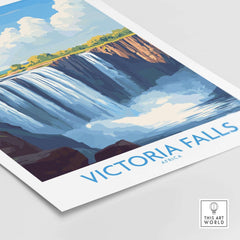 Victoria Falls Zambia Print showcasing a vibrant view of Victoria Falls with blue skies and lush greenery.