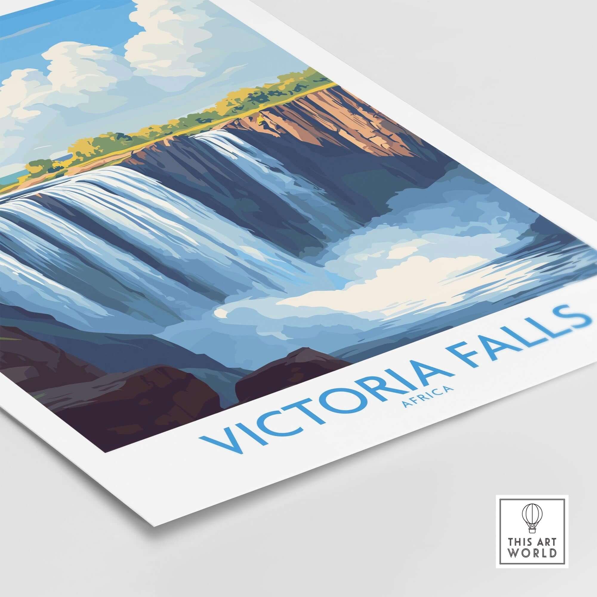 Victoria Falls Zambia Print showcasing a vibrant view of Victoria Falls with blue skies and lush greenery.
