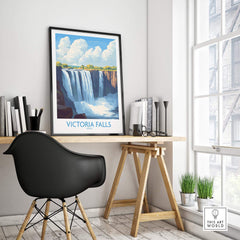Victoria Falls Zambia Print showcased in a stylish office setting, highlighting the breathtaking waterfall artwork.