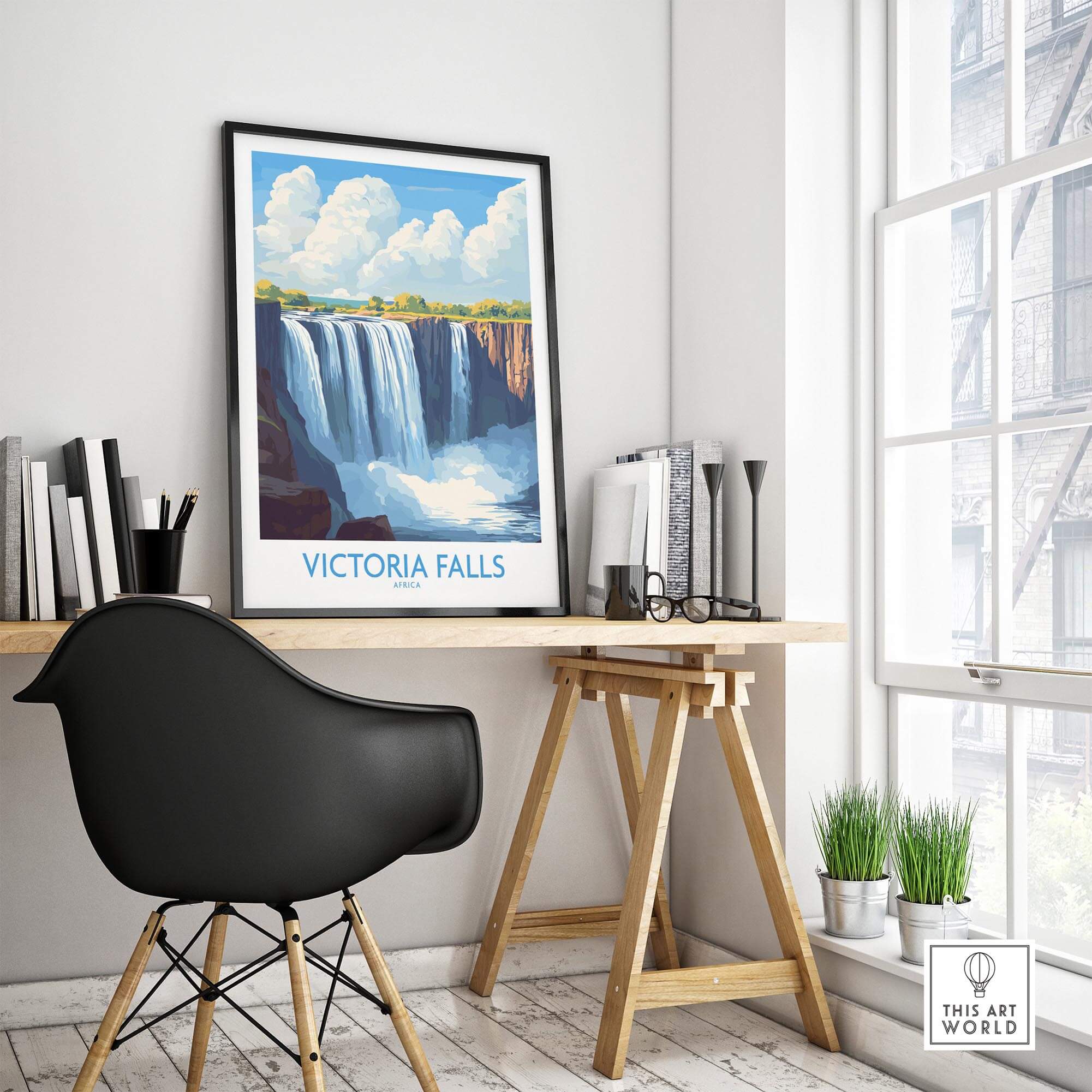 Victoria Falls Zambia Print showcased in a stylish office setting, highlighting the breathtaking waterfall artwork.