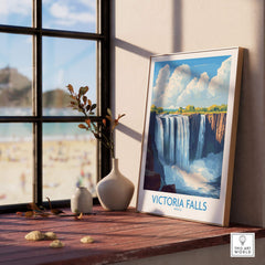 Victoria Falls Zambia Print displayed on a table with plants and decorative items, showcasing the stunning view of the falls.