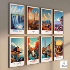 Collection of travel art prints including Victoria Falls Zambia Print, Paris, Florence, and more.