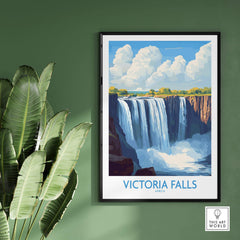 Victoria Falls Zambia Print showcasing a vibrant illustration of the iconic waterfall framed on a green wall.