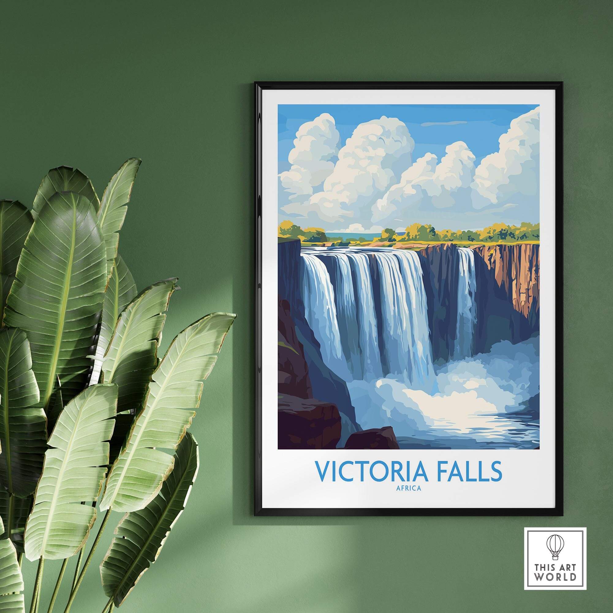 Victoria Falls Zambia Print showcasing a vibrant illustration of the iconic waterfall framed on a green wall.