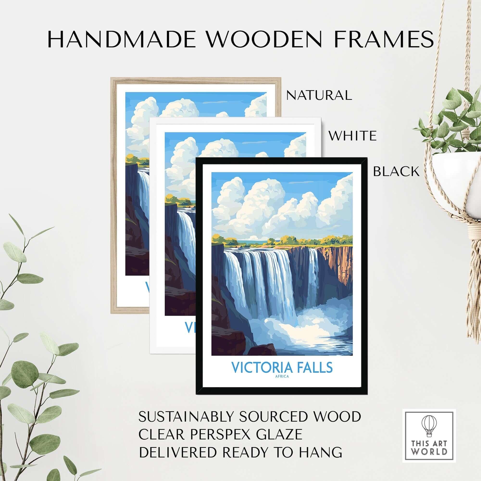 Handmade wooden frames for Victoria Falls Zambia Print in natural, white, and black finishes, made from sustainably sourced wood.