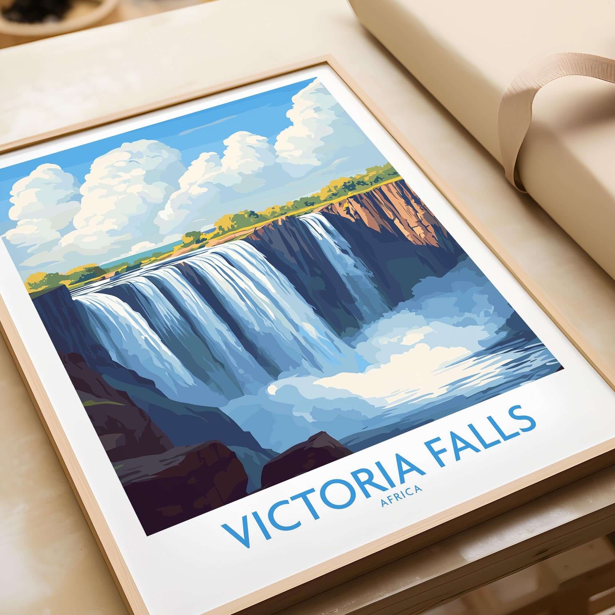 Victoria Falls Zambia Print showcasing scenic beauty of the iconic waterfalls in vibrant colors.