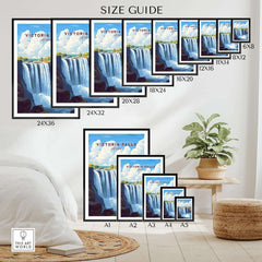Victoria Falls Zimbabwe Poster size guide with various framed sizes displayed in a home setting.