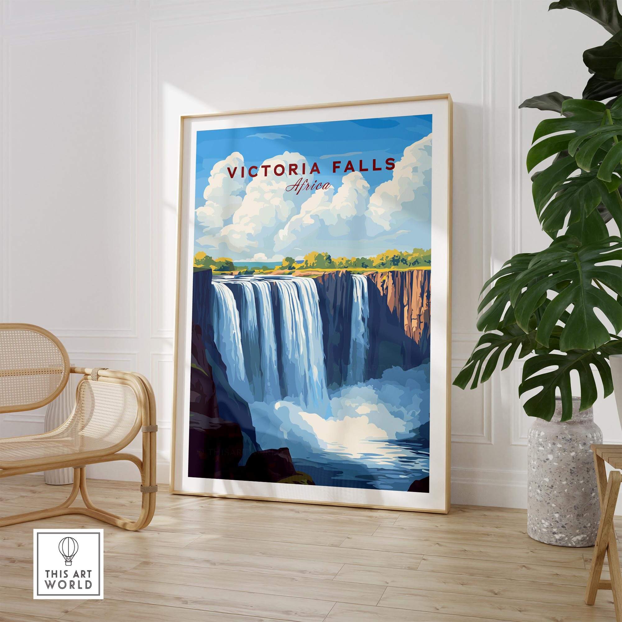 Victoria Falls Zimbabwe Poster showcasing the stunning waterfall in a vibrant and artistic home decor setting.